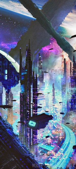 Cyberpunk futuristic cityscape with spaceships and nebulae