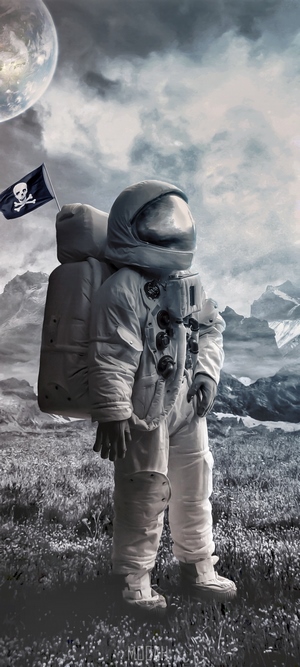 Astronaut on an alien planet with a pirate flag