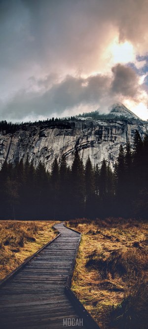 Wooden boardwalk through a meadow towards a rocky mountain