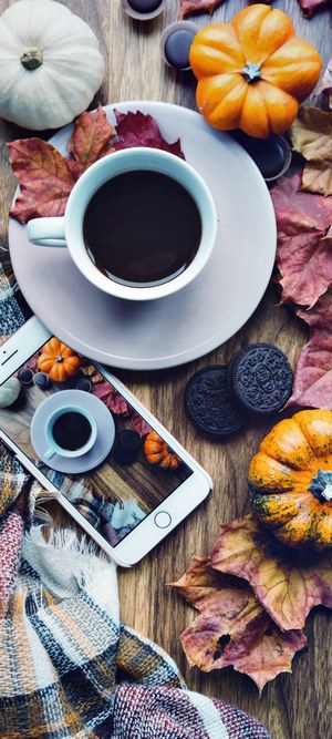 Cup of coffee with pumpkins and autumn leaves on a phone screen