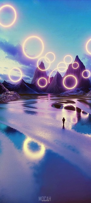 Person standing in a surreal landscape with glowing rings