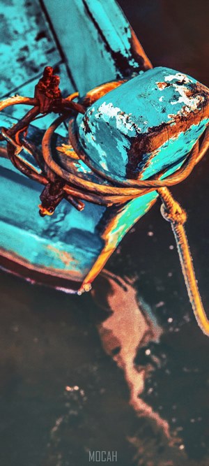 Blue boat with rope tied around the front