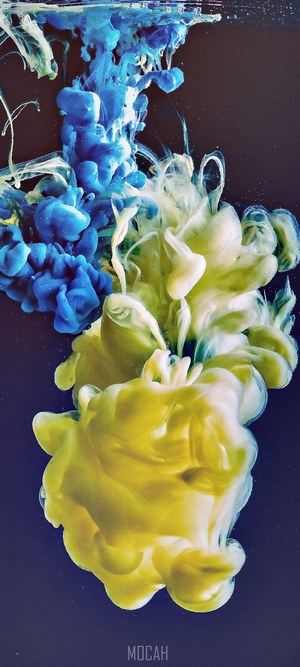 Blue and yellow ink dissolving in dark water