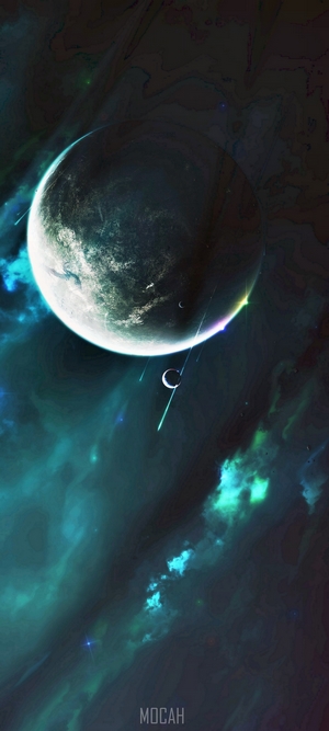 Planet and moon in outer space with nebula