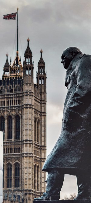 Statue of Winston Churchill in front of the Houses of Parliament, London