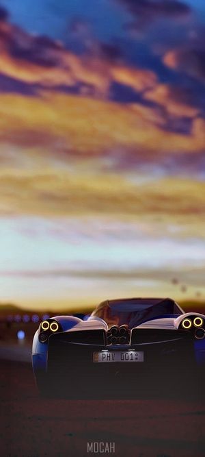 Pagani Huayra sports car at sunset