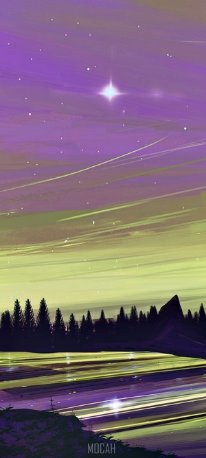 Purple and green sky over a forest and water