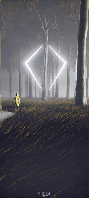 Person in yellow raincoat in misty forest with glowing diamond
