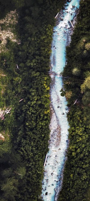 Aerial view of a turquoise river flowing through a dense forest