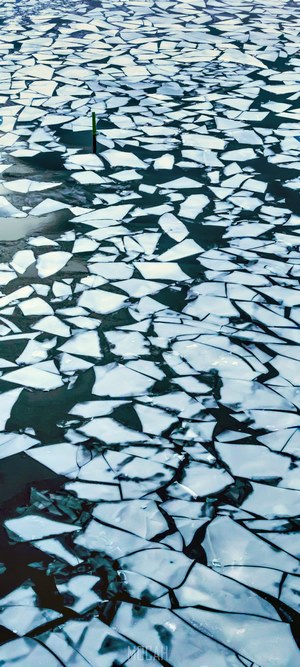 Ice shards floating on dark water with a pole