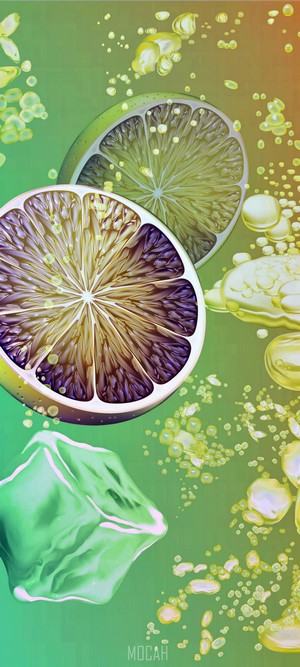 Lime slices and ice cubes in liquid