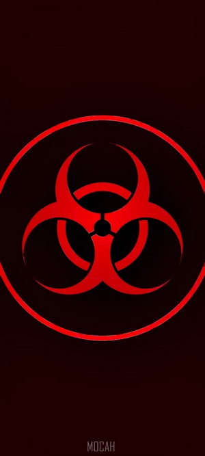 Red biohazard symbol on dark background