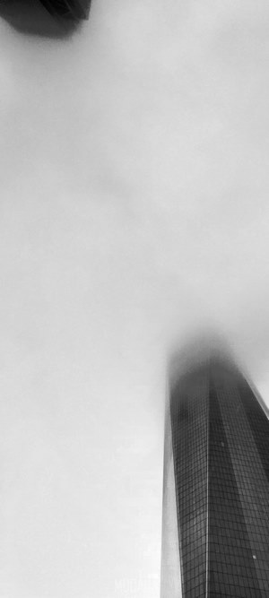 Skyscraper emerging from fog in New York