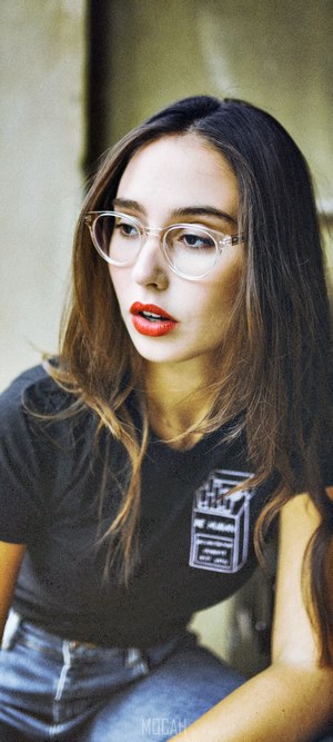 Woman with glasses and red lipstick