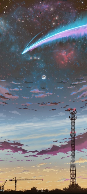Comet over a landscape with radio tower and cranes