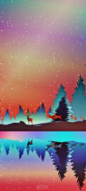 Deer and trees in a colorful sky