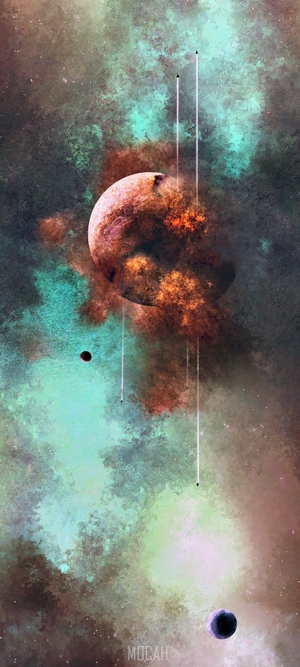 Planets and spaceships in a colorful nebula