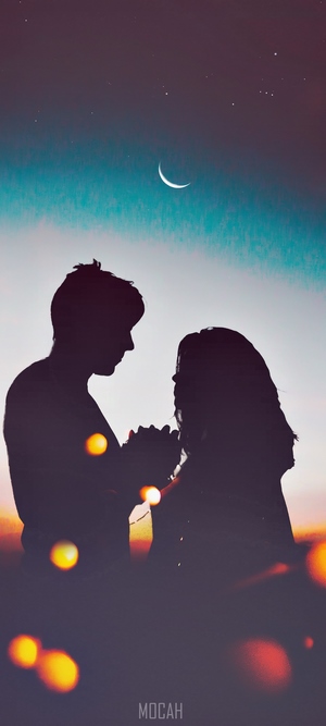 Silhouette Couple Under Crescent Moon