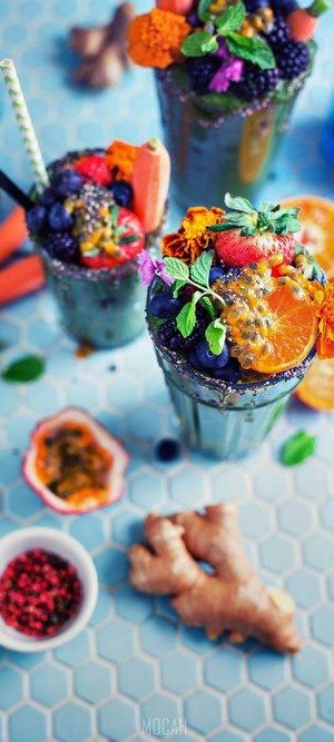 Colorful Fruit Smoothies with Fresh Toppings