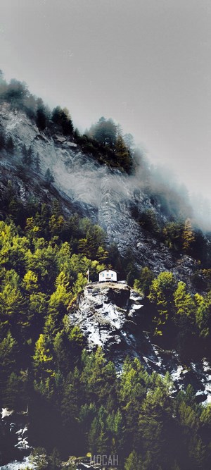Small white building on a rocky outcrop in a misty forest