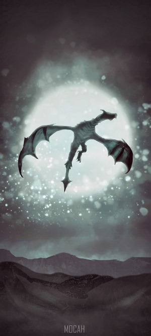 Dragon flying in front of a large moon