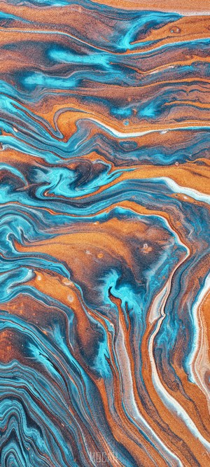 Abstract fluid art with blue and copper swirls