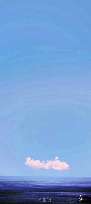Minimalist seascape with a single cloud and sailboat