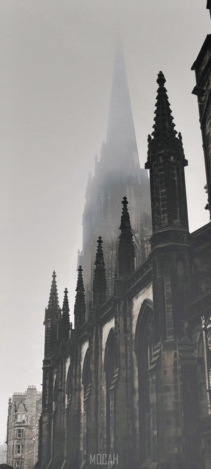 Gothic cathedrals in foggy Edinburgh