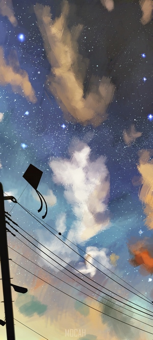 A kite flies in the starry night sky with clouds