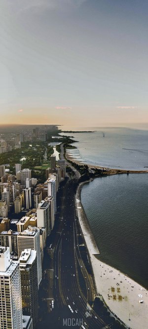 Drone view of Chicago urban coastline and Lake Michigan