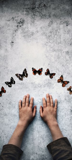 Child's hands with butterflies on a textured surface