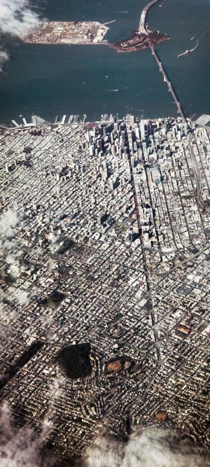 Aerial view of San Francisco cityscape and bay