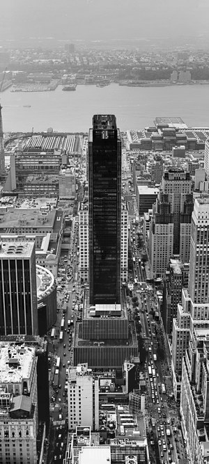 Aerial view of New York City skyscrapers and river