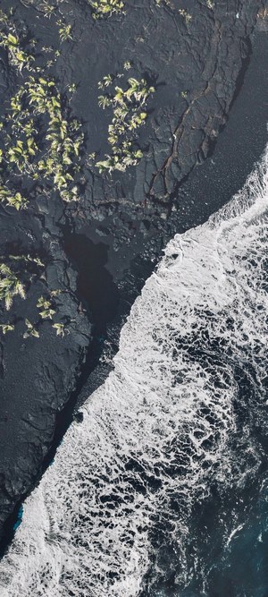 Aerial view of black sand beach with waves and vegetation