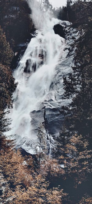 Waterfall cascading down a rocky cliff face surrounded by trees