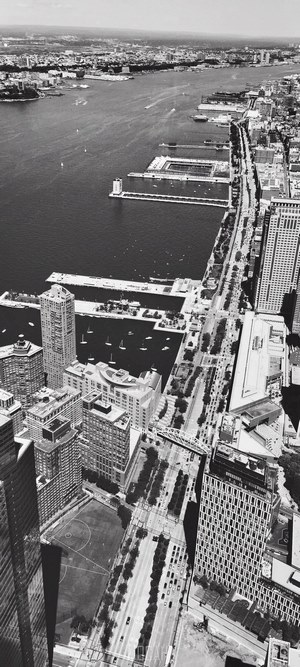 Aerial view of New York City skyline and waterfront