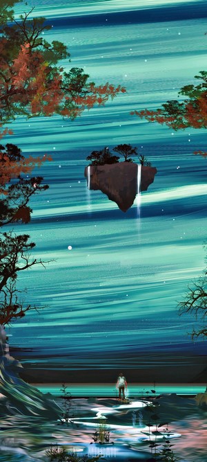 Fantasy landscape with floating island and person