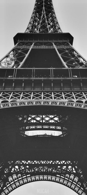 Bottom view of the Eiffel Tower in black and white