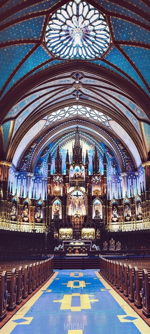 Interior of Notre-Dame Basilica with pews and altar
