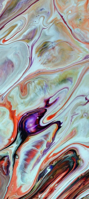 Abstract fluid art with purple, orange, and white swirls