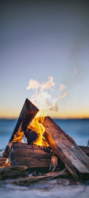 Campfire burning on a beach at sunset