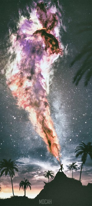 Person holding a nebula over a tropical landscape