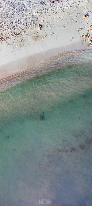 Aerial view of a sandy beach and clear ocean water