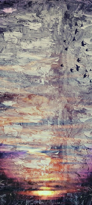 Painting of Birds Flying Over Sunset