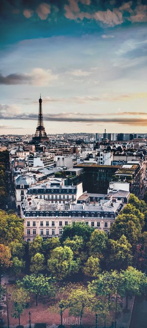 Eiffel Tower and Paris rooftops at sunset