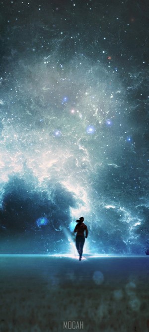Person running into a nebula in space