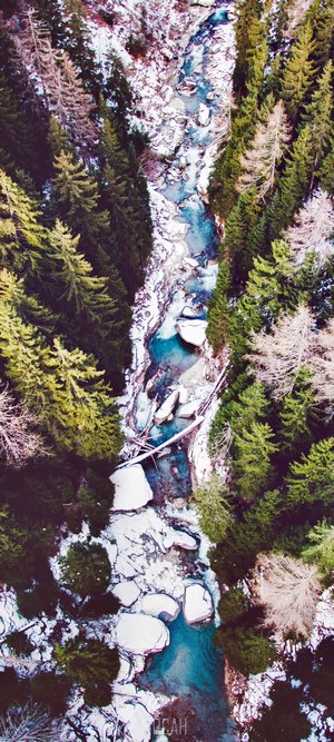 Aerial view of a river flowing through a snowy forest