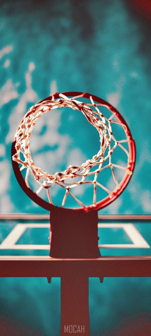 Basketball hoop against a turquoise sky