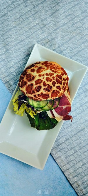Leopard print bun sandwich with ham and cucumber