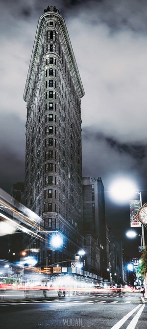Flatiron Building at night with light trails